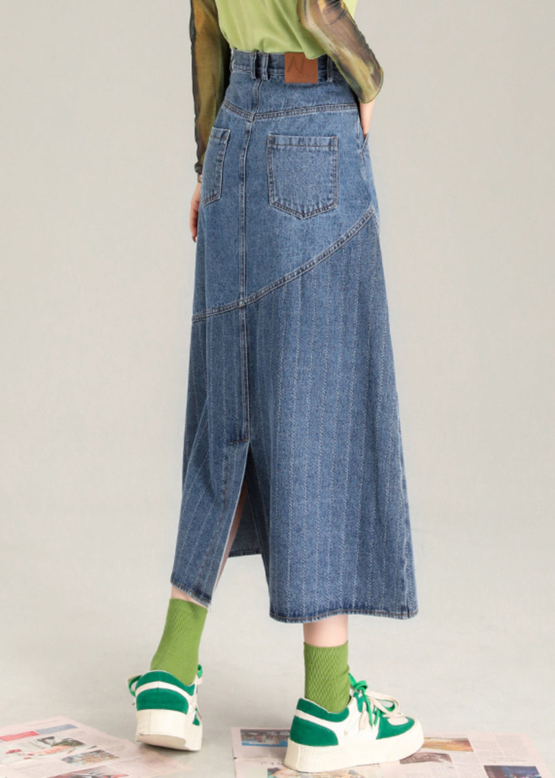 Fashion Blue Striped Patchwork Denim A Line Skirt Spring