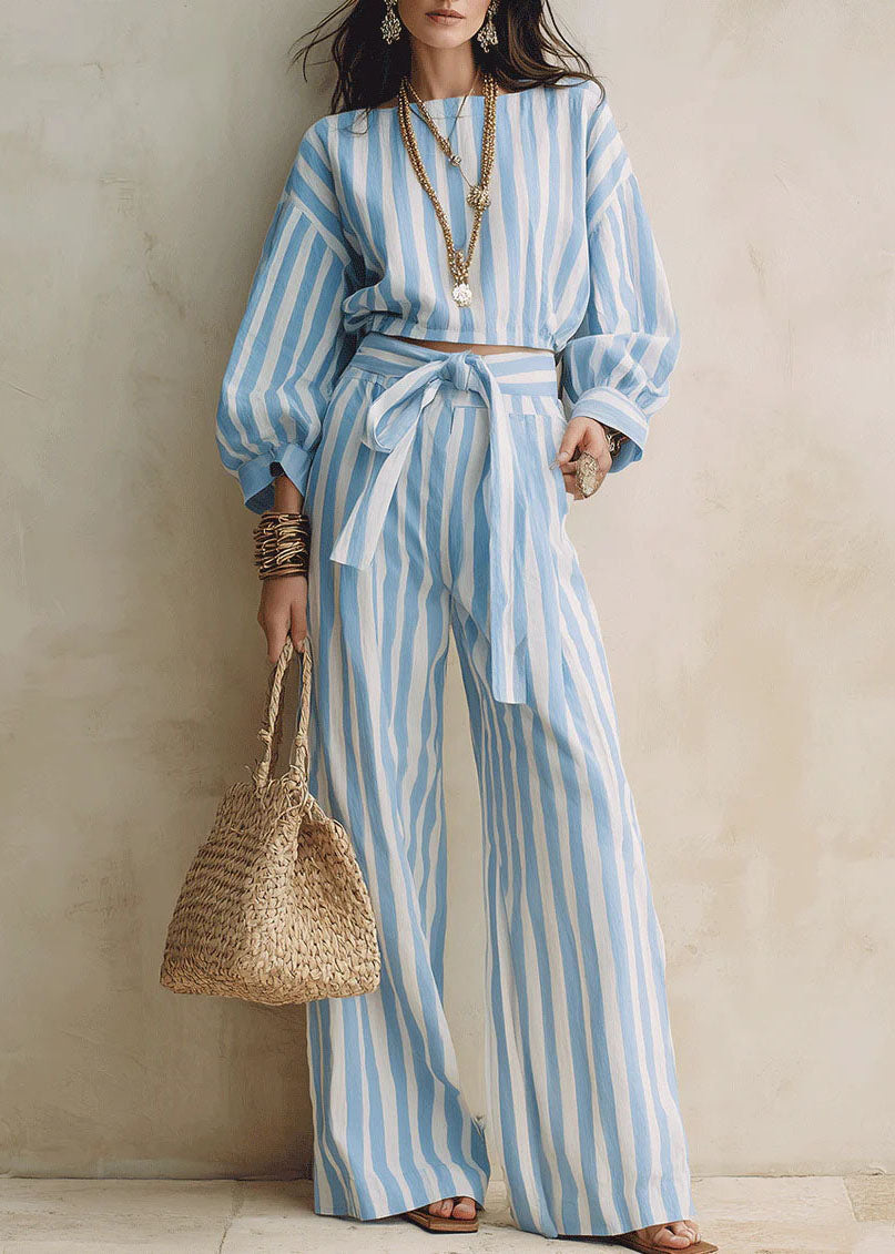 Fashion Blue Striped Tops And Pants Cotton Two-Piece Set Fall