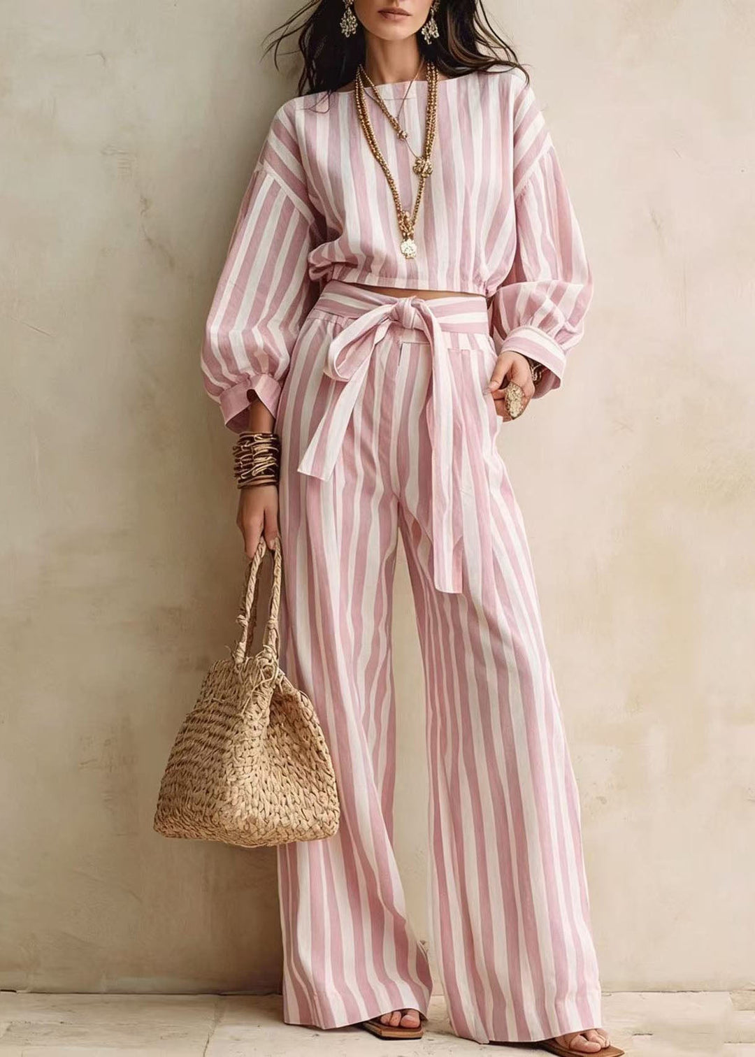 Fashion Blue Striped Tops And Pants Cotton Two-Piece Set Fall