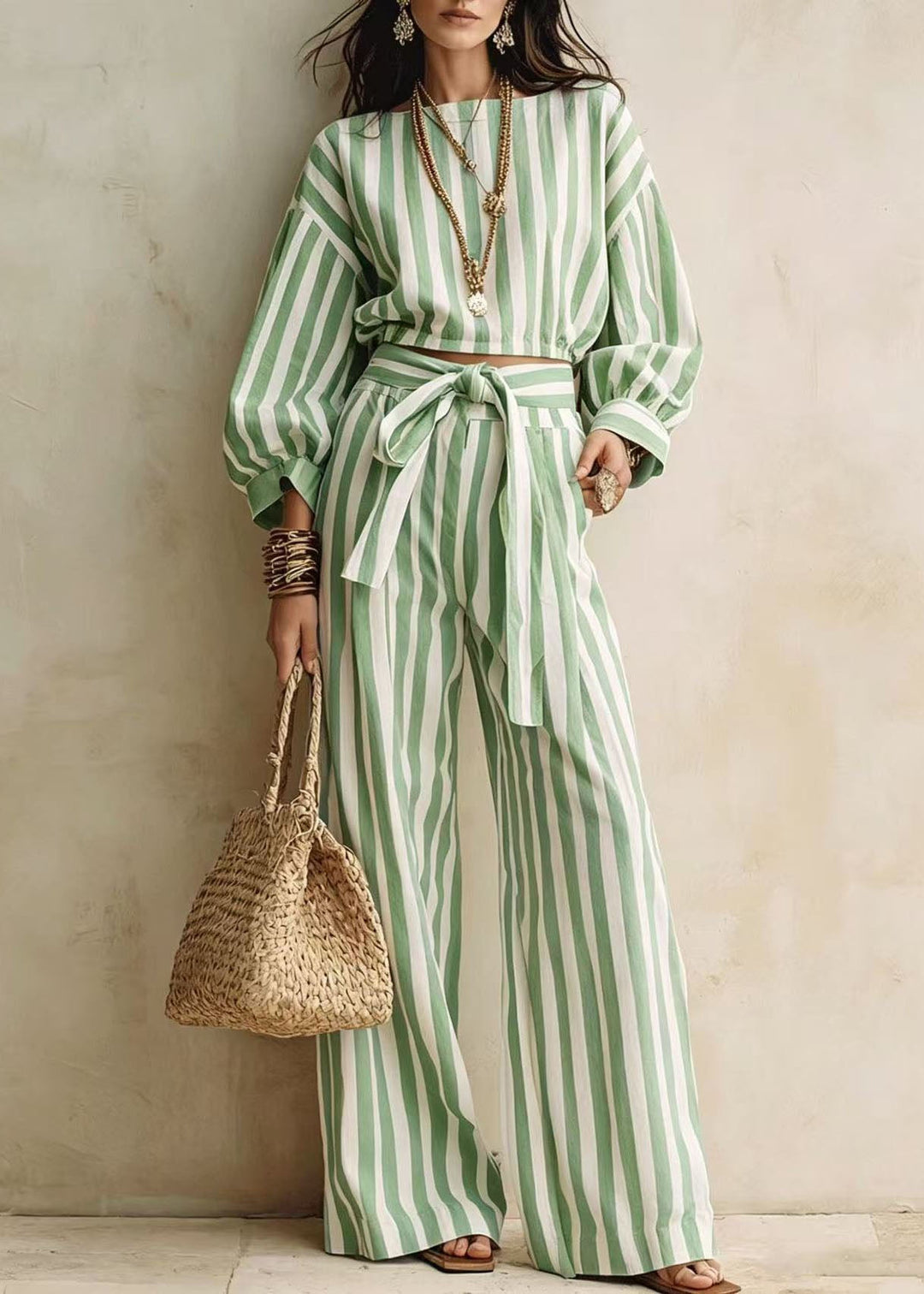 Fashion Blue Striped Tops And Pants Cotton Two-Piece Set Fall