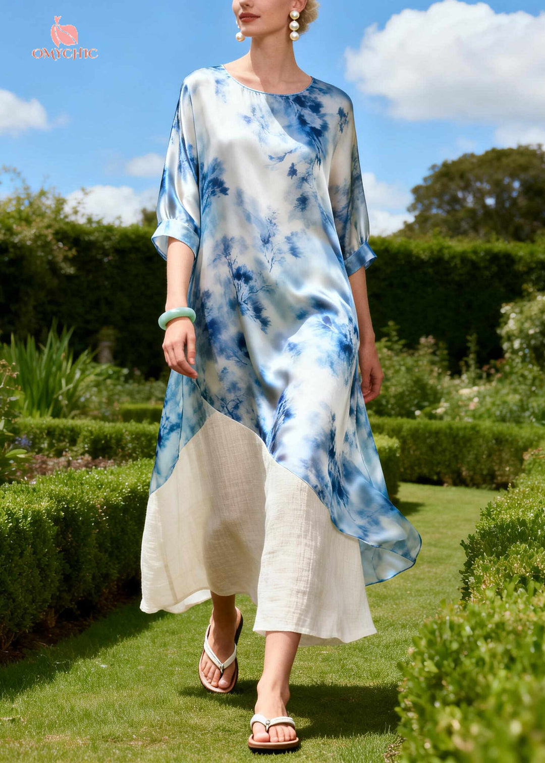Fashion Blue Tie Dye Patchwork Linen Silk Robe Dresses Summer