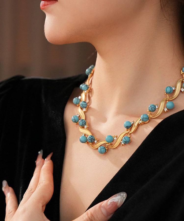 Fashion Blue Turquoise Alloy Zircon Gratuated Bead Necklace