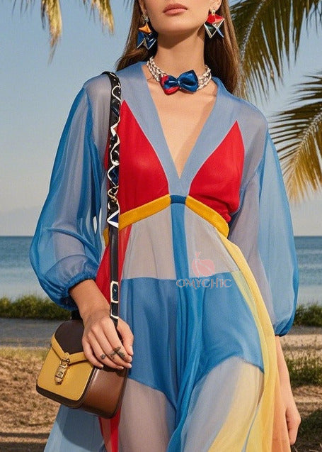 Fashion Blue V Neck Patchwork Tulle Maxi Dresses Summer