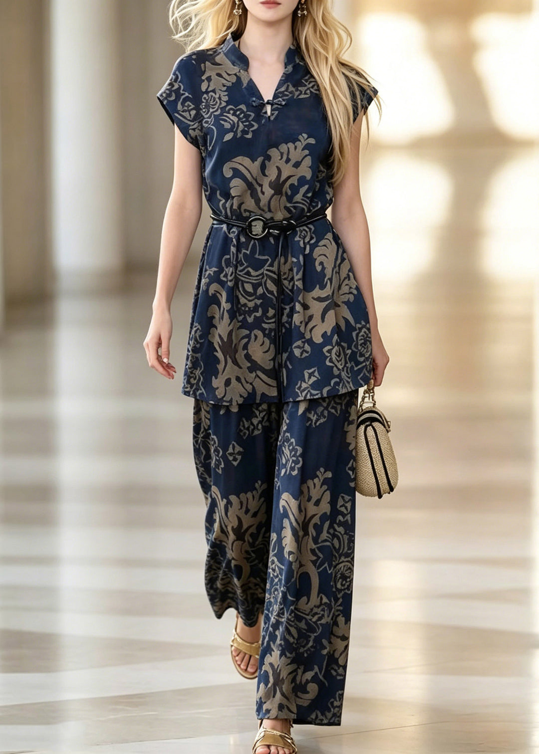 Fashion Blue V Neck Print Shirt And Wide Leg Pants Two Piece Set Summer