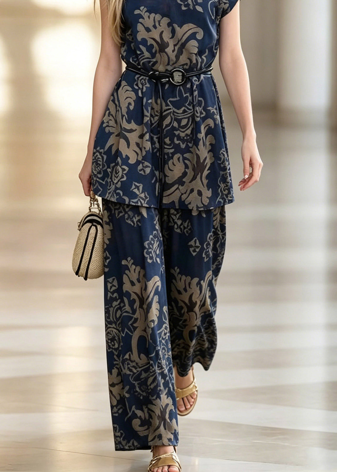 Fashion Blue V Neck Print Shirt And Wide Leg Pants Two Piece Set Summer