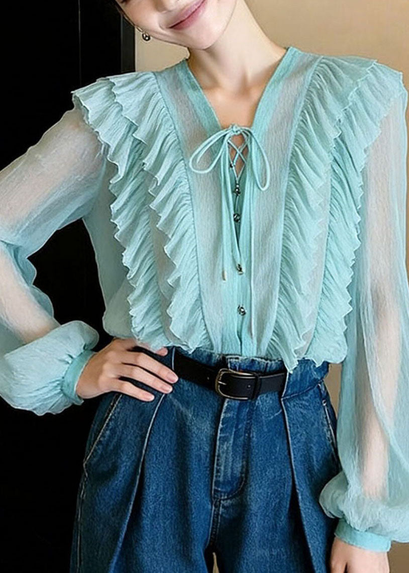 Fashion Blue V Neck Ruffled Patchwork Chiffon Shirt Fall