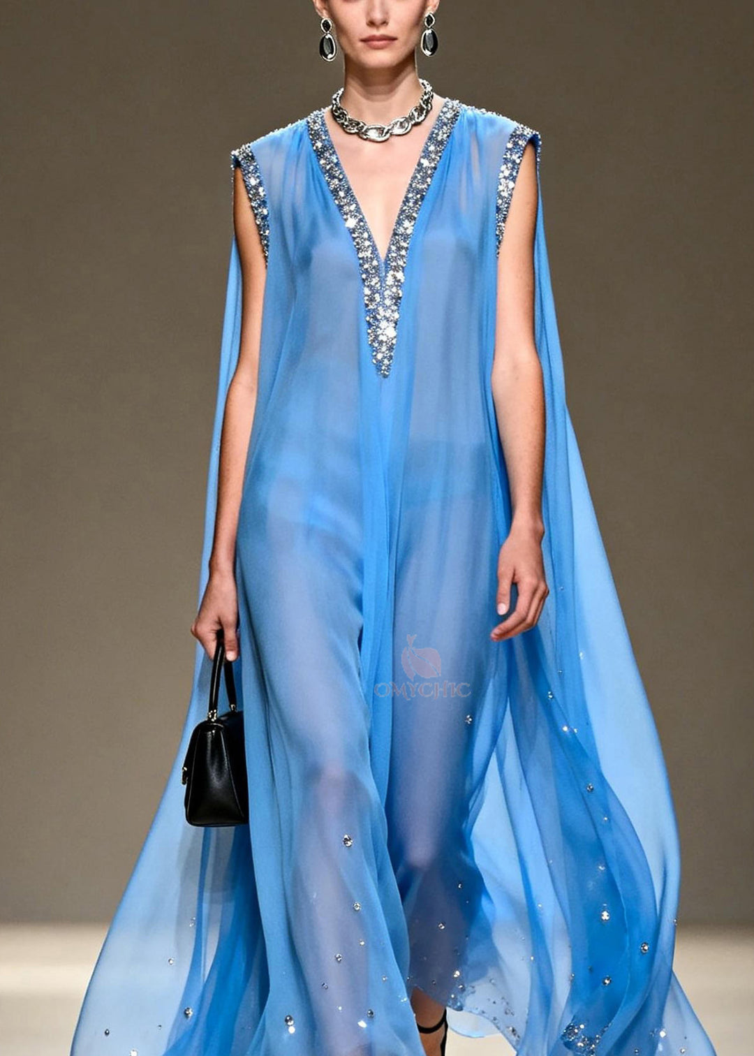 Fashion Blue V Neck Zircon Chiffon Long Dress Sleeveless