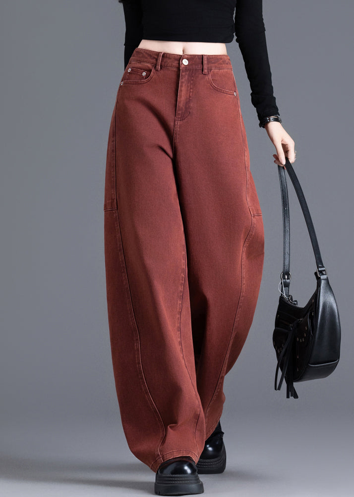 Fashion Brick Red Oversized Patchwork Denim Pants Spring