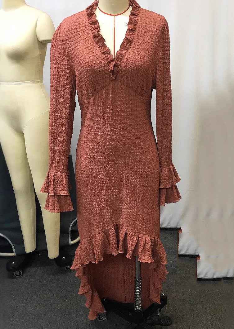 Fashion Brick Red Ruffled Low High Design Patchwork Maxi Dresses Spring