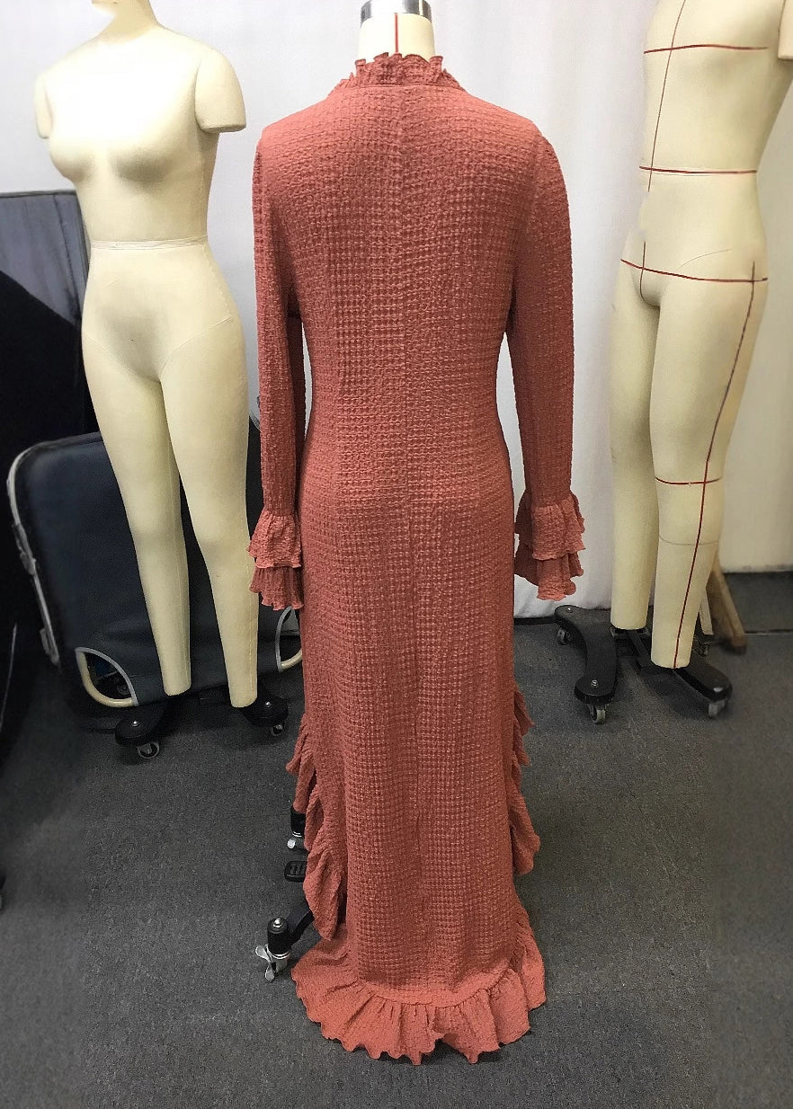 Fashion Brick Red Ruffled Low High Design Patchwork Maxi Dresses Spring