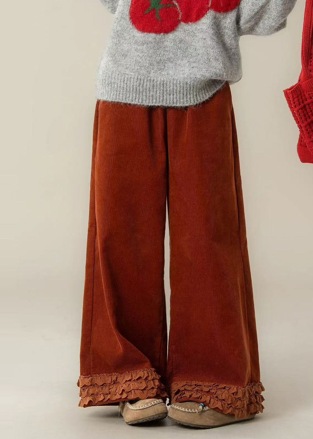 Fashion Brick Red Ruffled Oversized Corduroy Straight Pants Spring