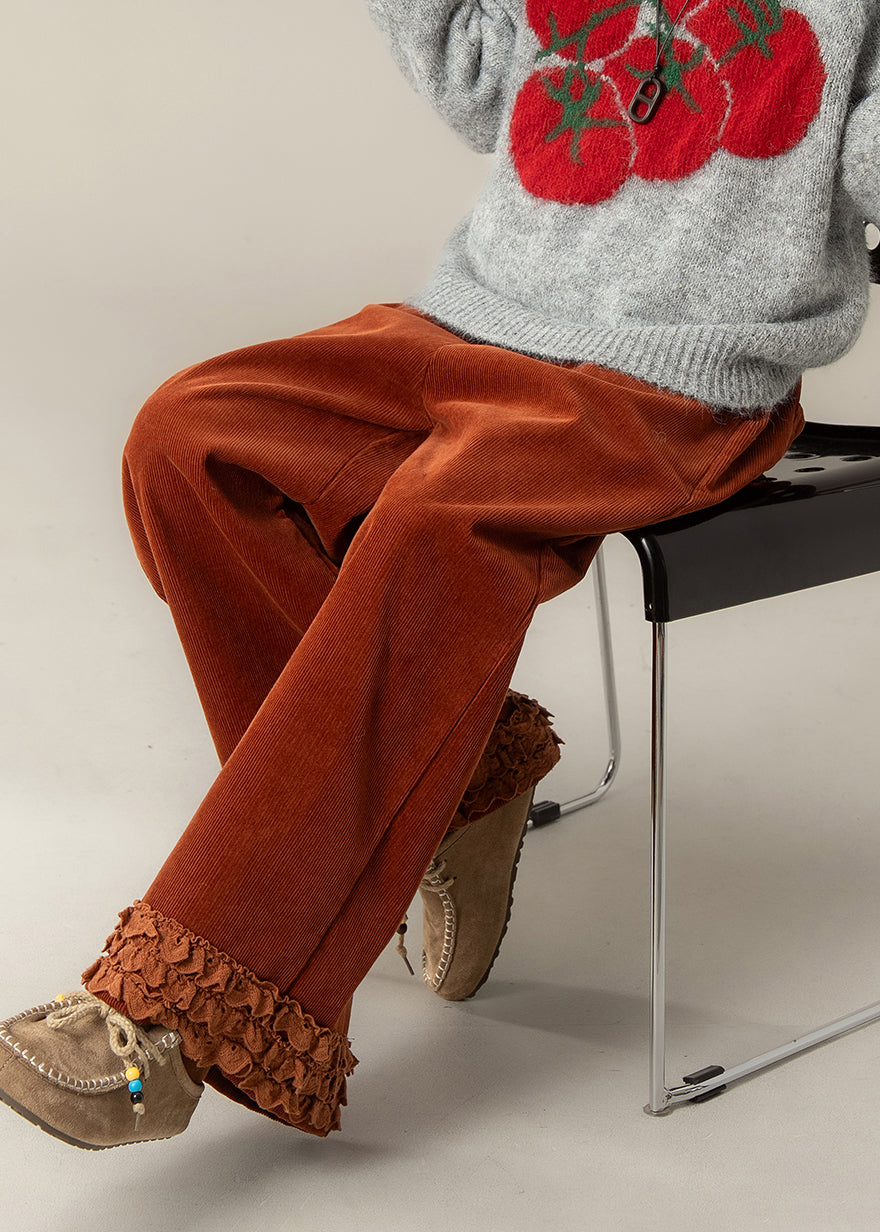 Fashion Brick Red Ruffled Oversized Corduroy Straight Pants Spring