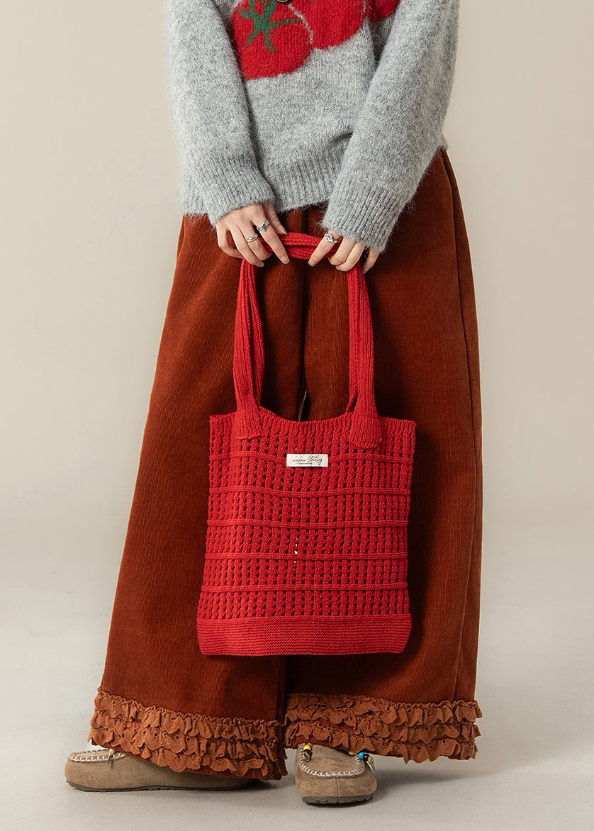 Fashion Brick Red Ruffled Oversized Corduroy Straight Pants Spring