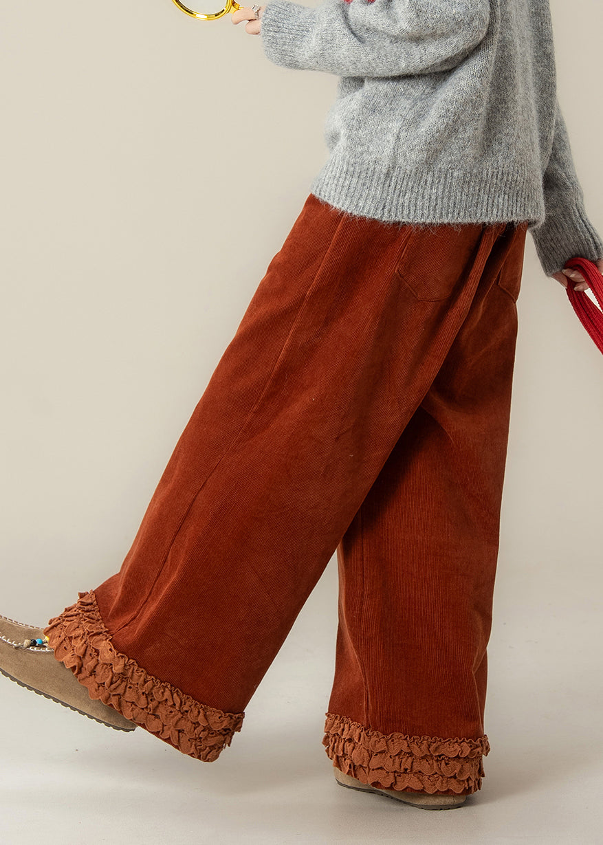 Fashion Brick Red Ruffled Oversized Corduroy Straight Pants Spring