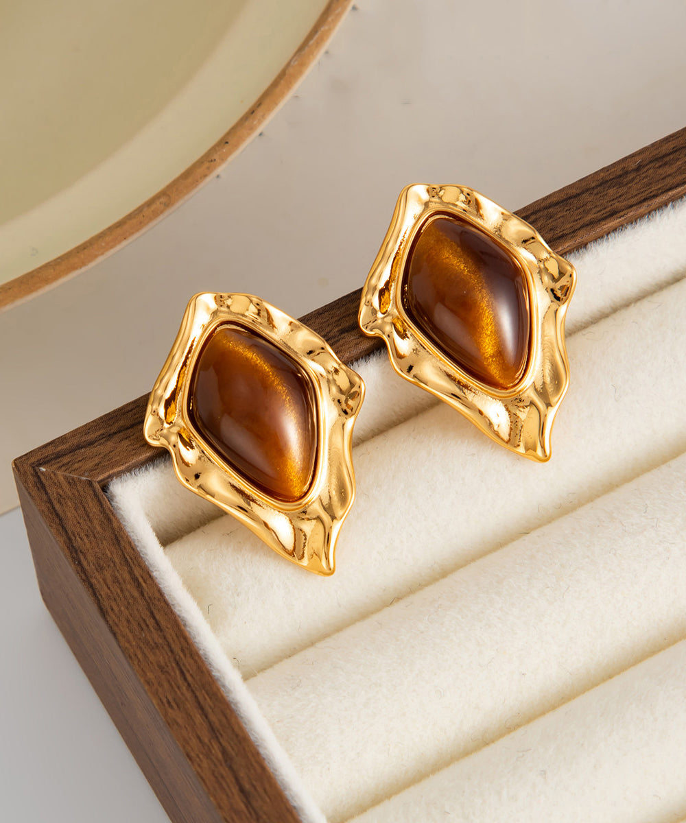 Fashion Brown Copper Asymmetrical Wrinkled Gem Stone Stud Earrings