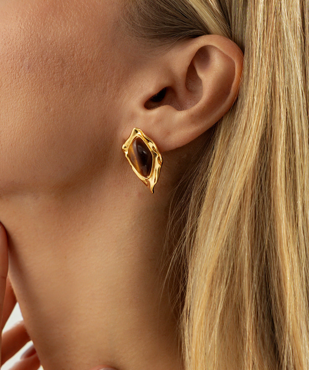 Fashion Brown Copper Asymmetrical Wrinkled Gem Stone Stud Earrings