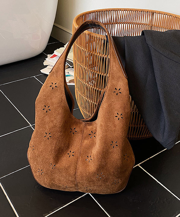 Fashion Brown Hollow Out Faux Suede Shoulder Bags