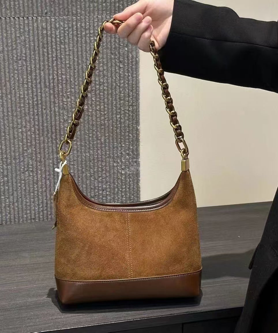 Fashion Brown Patchwork Suede Chain Linked Bucket Bag