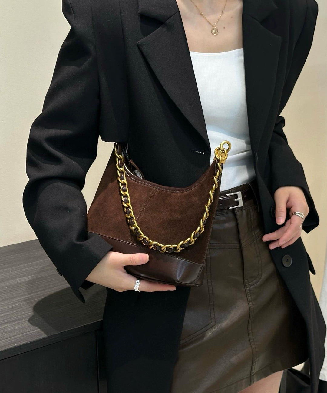 Fashion Brown Patchwork Suede Chain Linked Bucket Bag