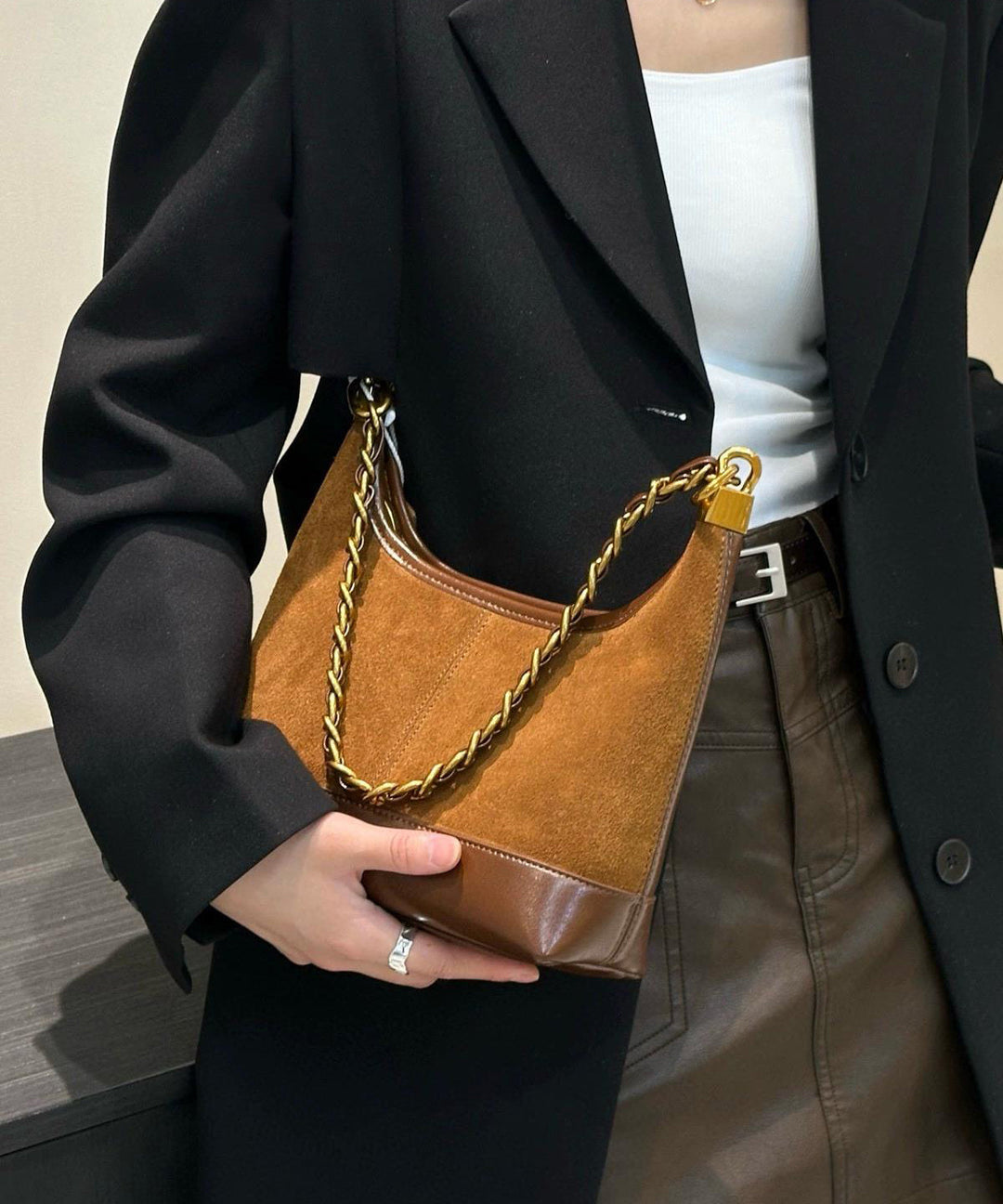 Fashion Brown Patchwork Suede Chain Linked Bucket Bag