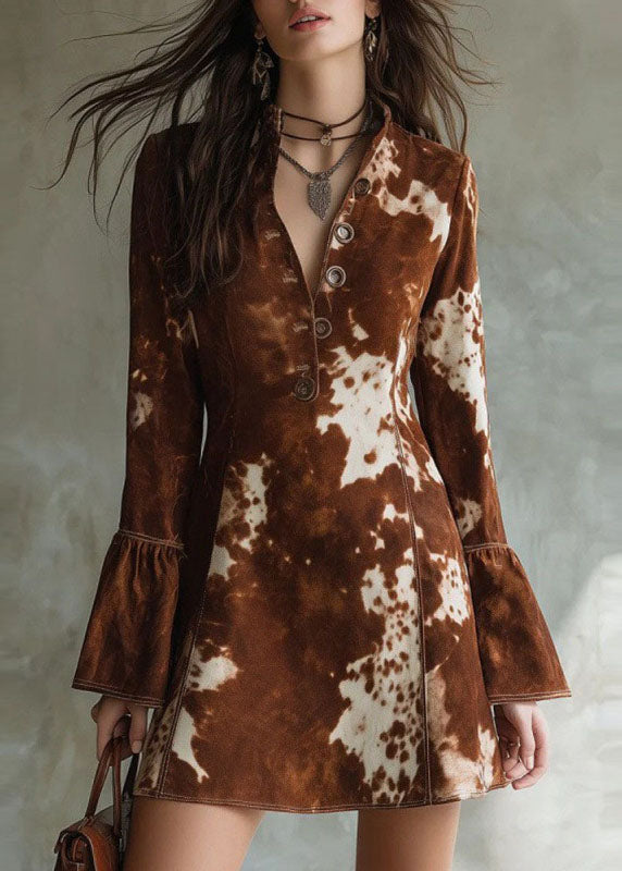 Fashion Brown Print Button Cotton Mid Dresses Fall