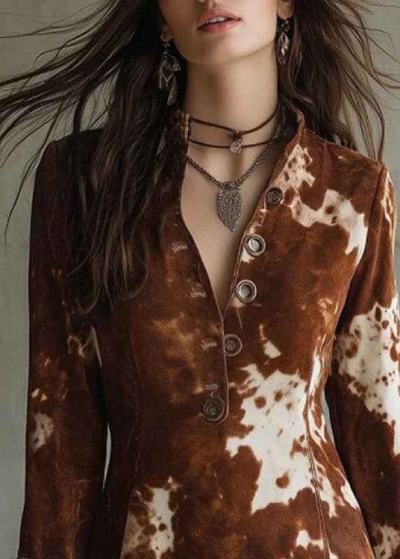 Fashion Brown Print Button Cotton Mid Dresses Fall