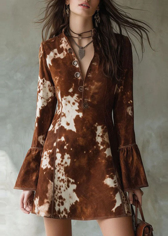 Fashion Brown Print Button Cotton Mid Dresses Fall