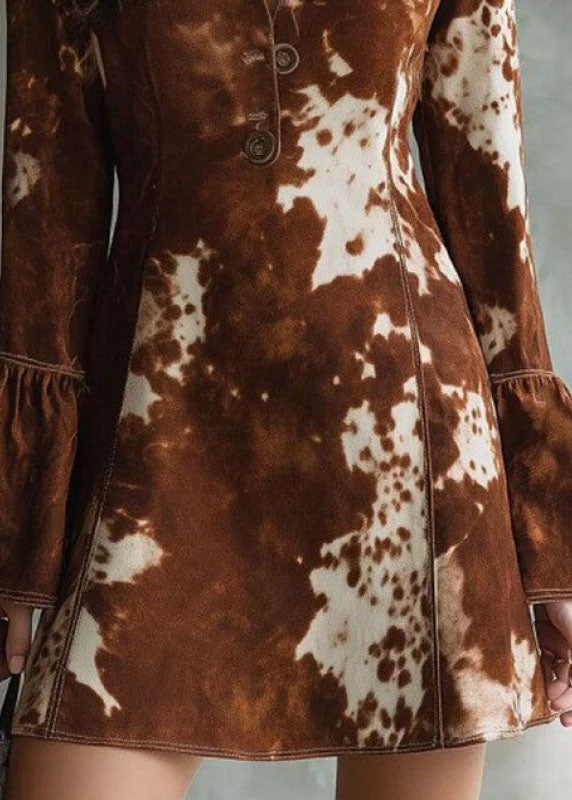 Fashion Brown Print Button Cotton Mid Dresses Fall
