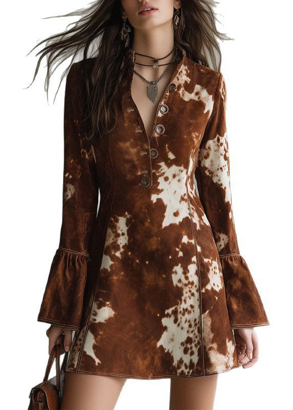 Fashion Brown Print Button Cotton Mid Dresses Fall