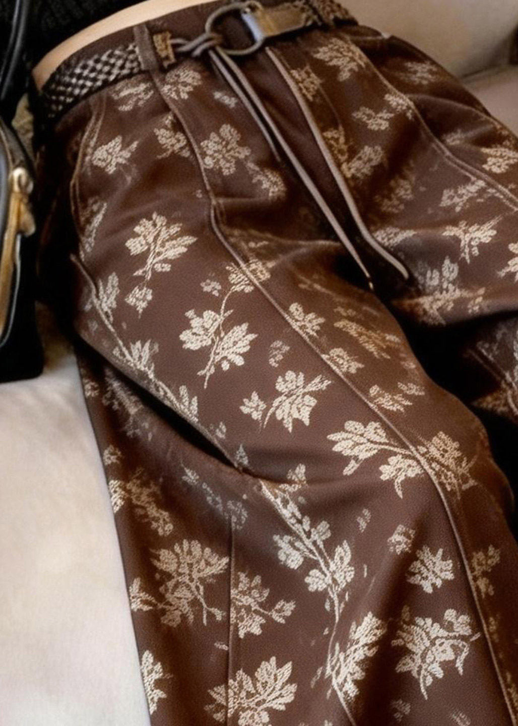 Fashion Brown Print Sashes High Waist Wide Leg Pants