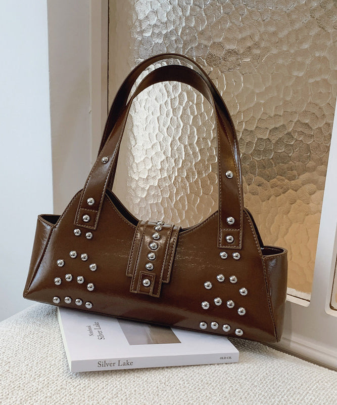 Fashion Brown Rivet Faux Leather Shoulder Bag