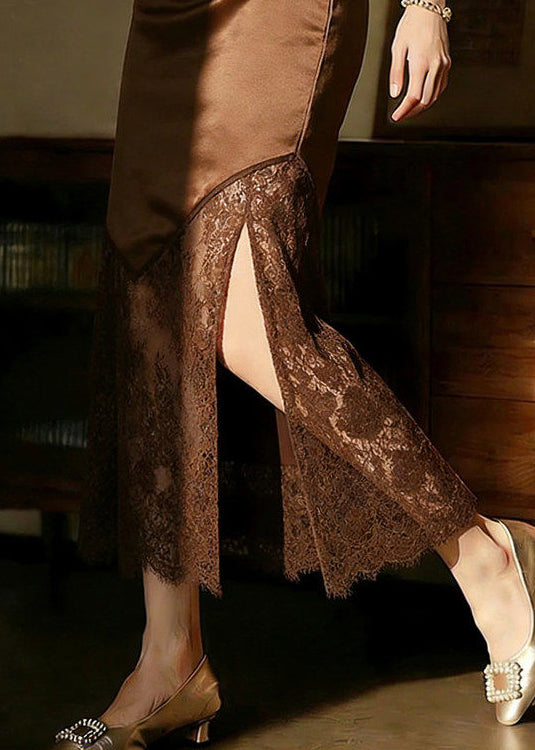 Fashion Brown Side Open Lace Patchwork High Waist Skirt Summer