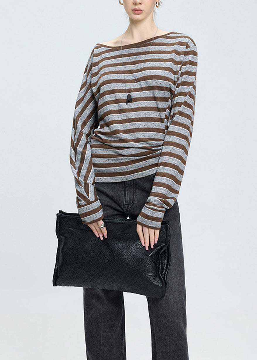 Fashion Brown Striped Slash Neck Cotton T Shirt Tops Spring