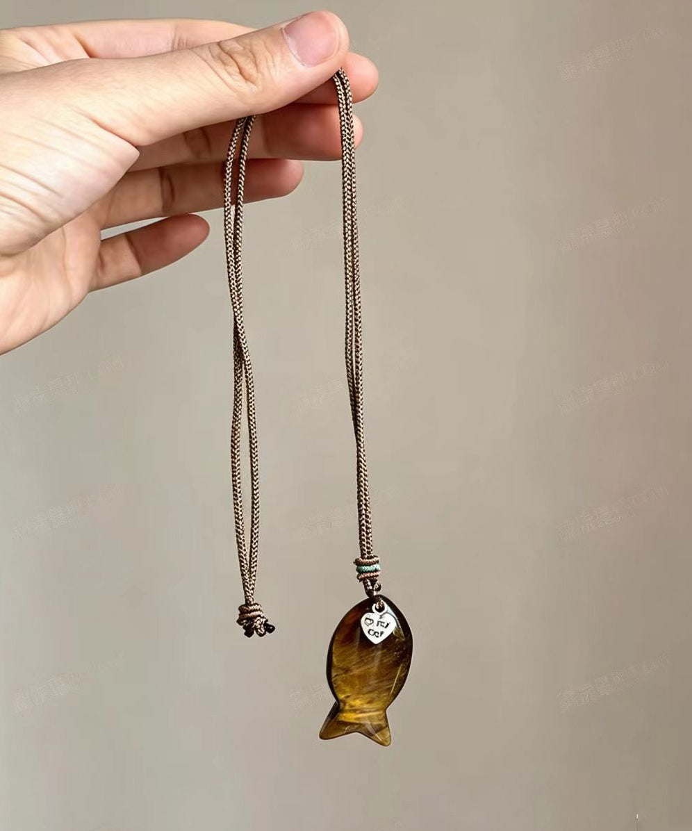 Fashion Brown Tiger Eye Little Fish Pendant Necklace