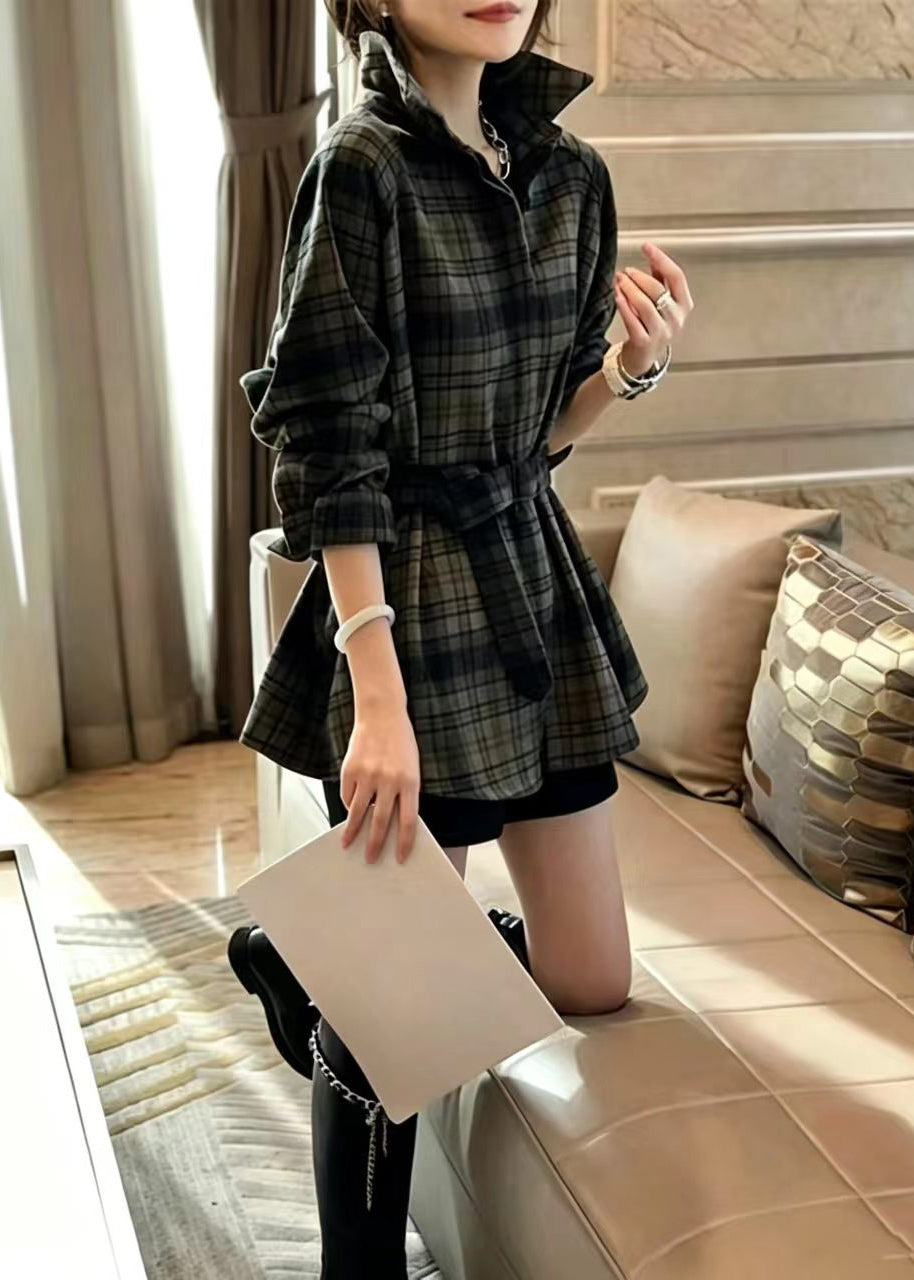 Fashion Brushed Plaid Shirt Collar Tie Waist Top Long Sleeve
