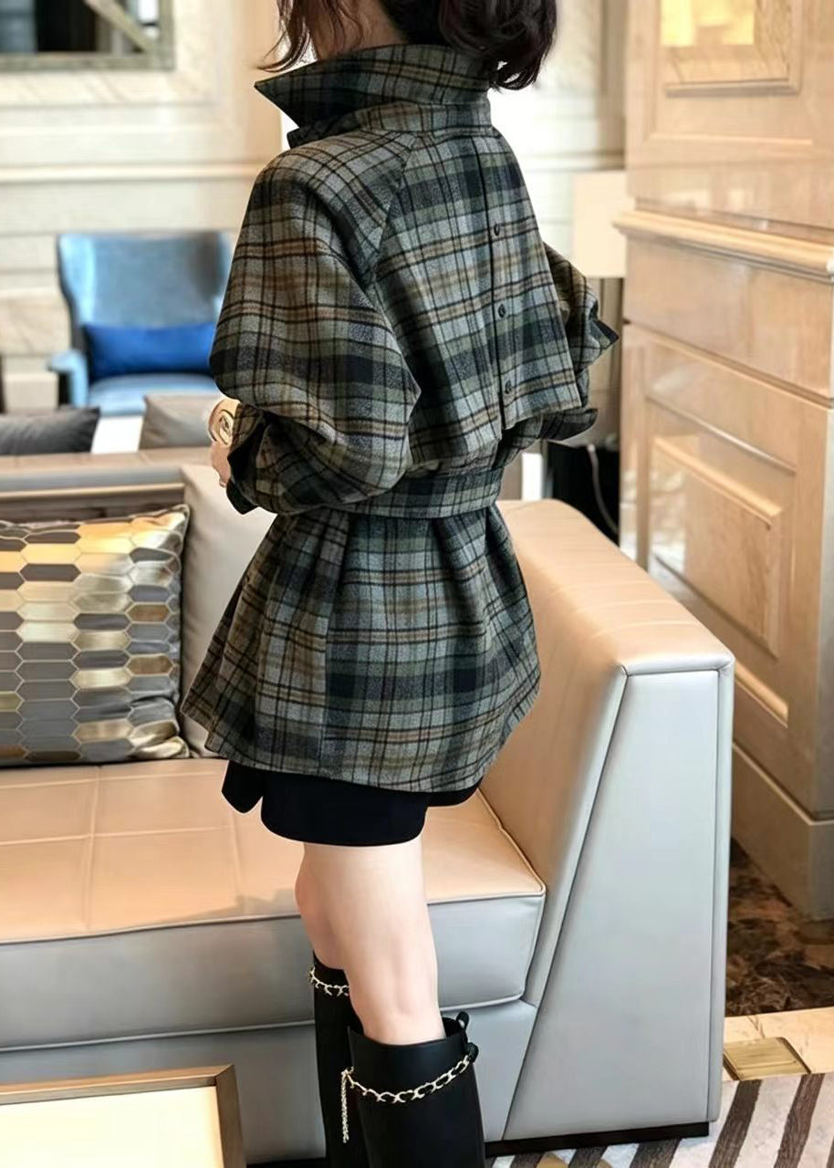 Fashion Brushed Plaid Shirt Collar Tie Waist Top Long Sleeve