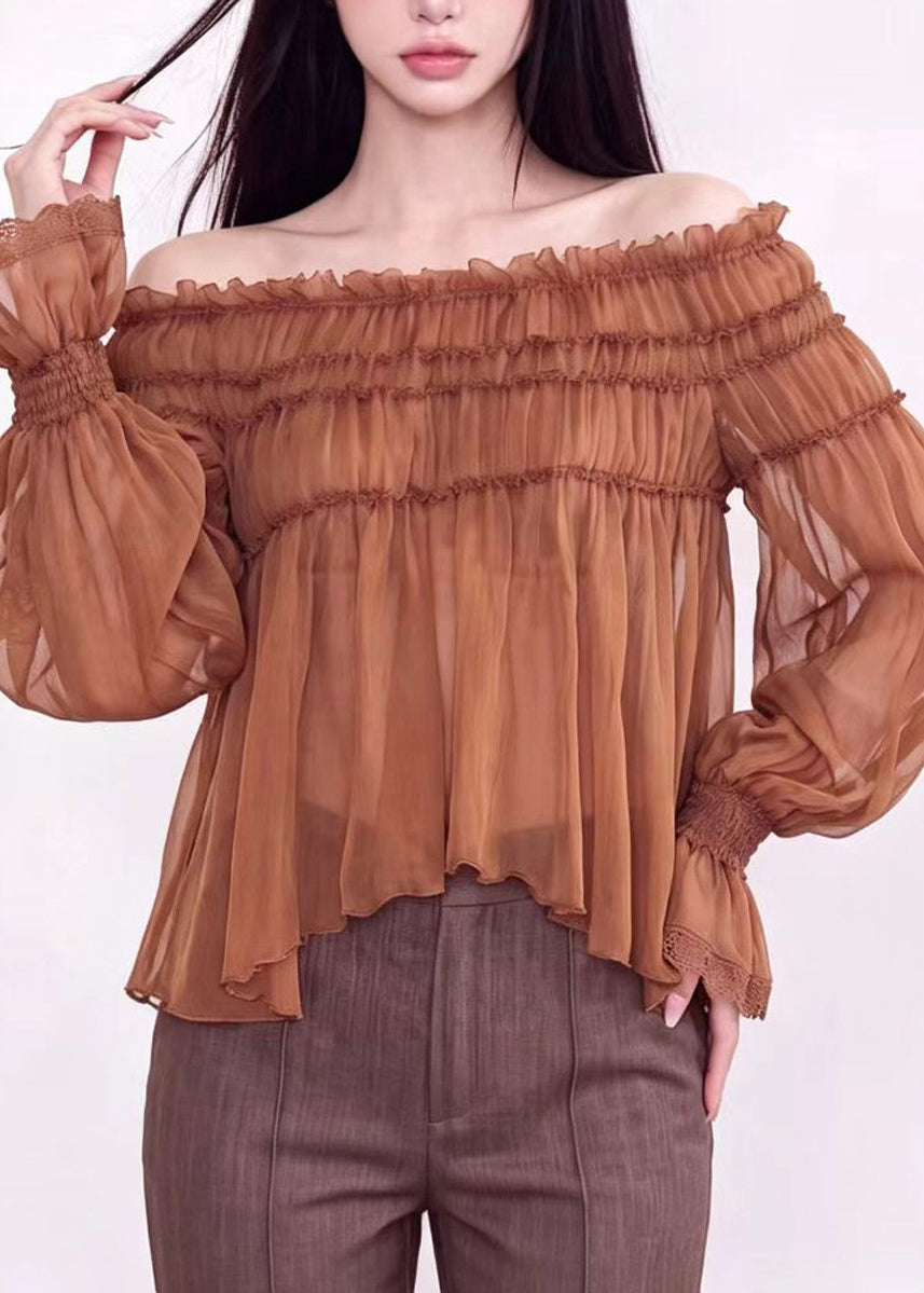 Fashion Caramel Slash Neck Chiffon Top Long Sleeve