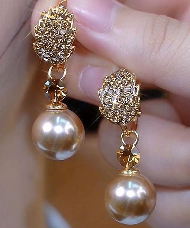 Fashion Champagne Copper Alloy Zircon Pearl Drop Earrings