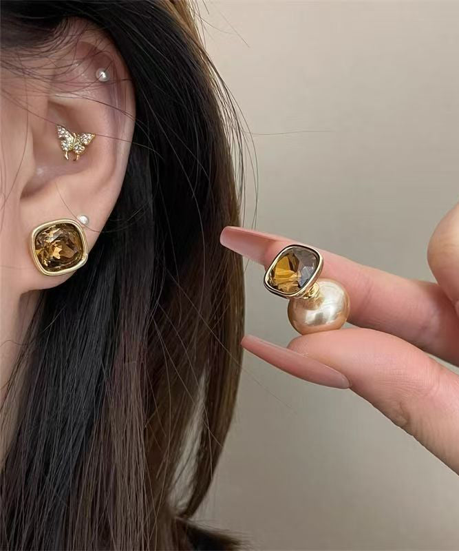 Fashion Champagne Copper Overgild Pearl Two Ways Of wearing It Stud Earrings