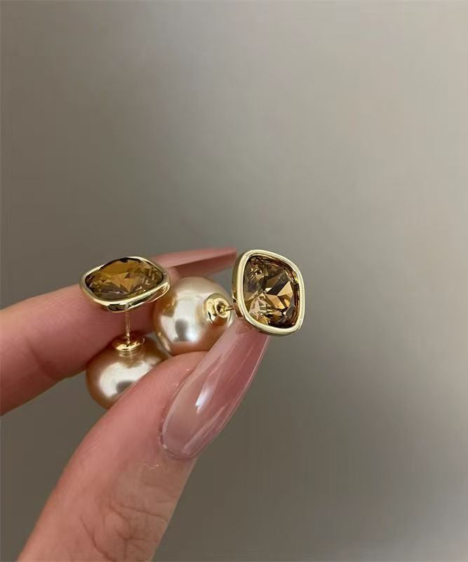 Fashion Champagne Copper Overgild Pearl Two Ways Of wearing It Stud Earrings