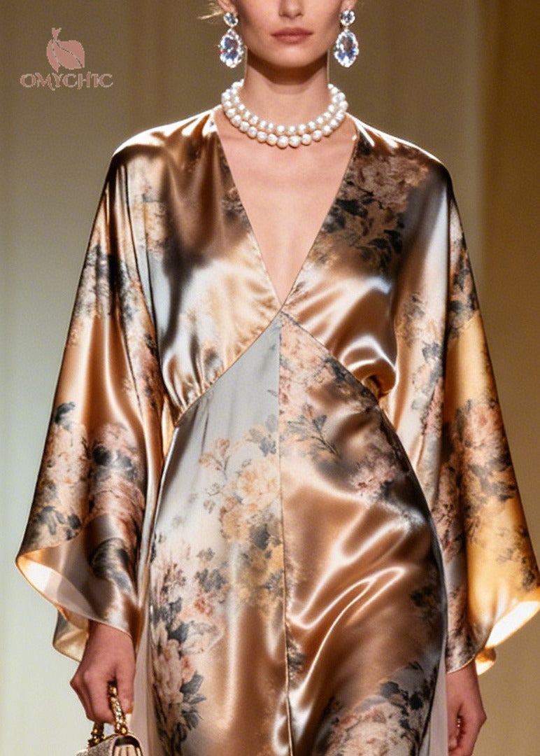Fashion Champagne Print Tulle Patchwork Silk Maxi Dress Summer