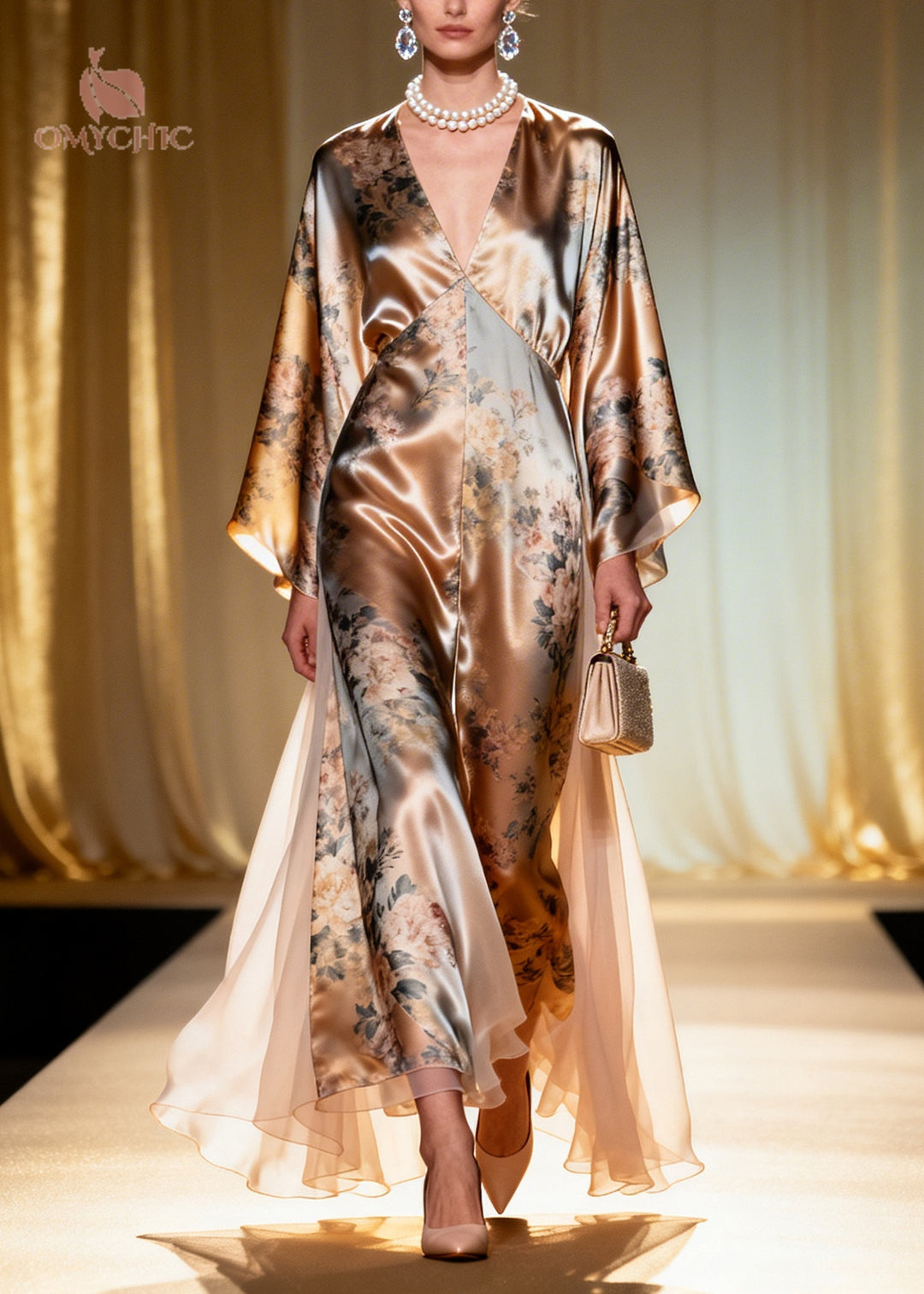 Fashion Champagne Print Tulle Patchwork Silk Maxi Dress Summer