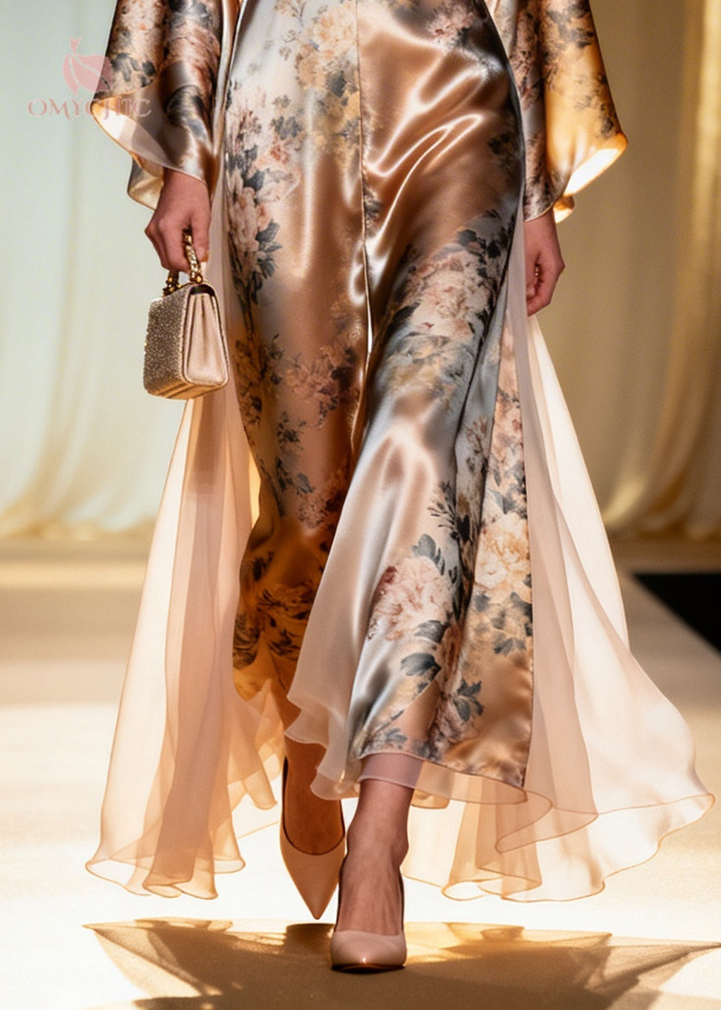 Fashion Champagne Print Tulle Patchwork Silk Maxi Dress Summer