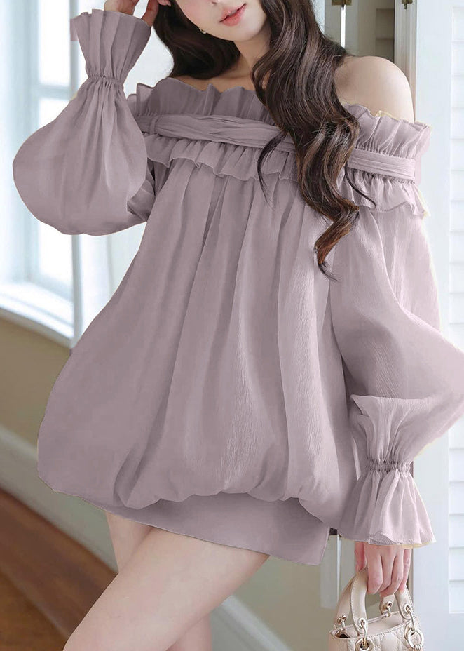 Fashion Champagne Slash Neck Ruffled Splicing Lace Up Long Sleeved Top