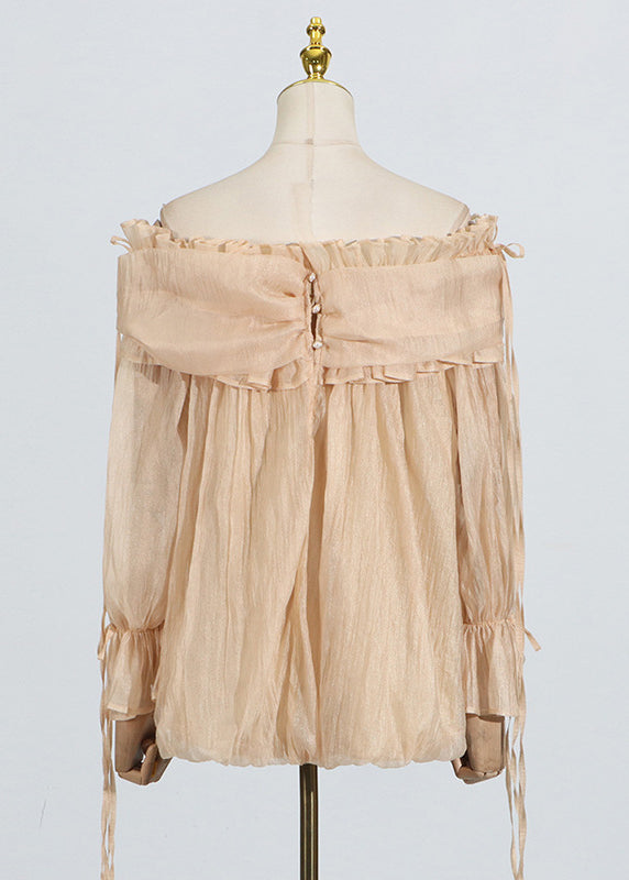Fashion Champagne Slash Neck Ruffled Splicing Lace Up Long Sleeved Top