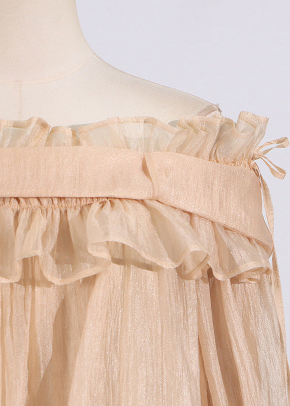 Fashion Champagne Slash Neck Ruffled Splicing Lace Up Long Sleeved Top