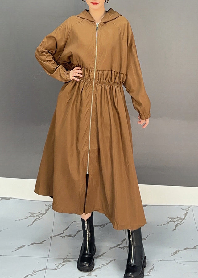 Fashion Choco Wrinkled Zippered Maxi Hooded Trench Coat Fall