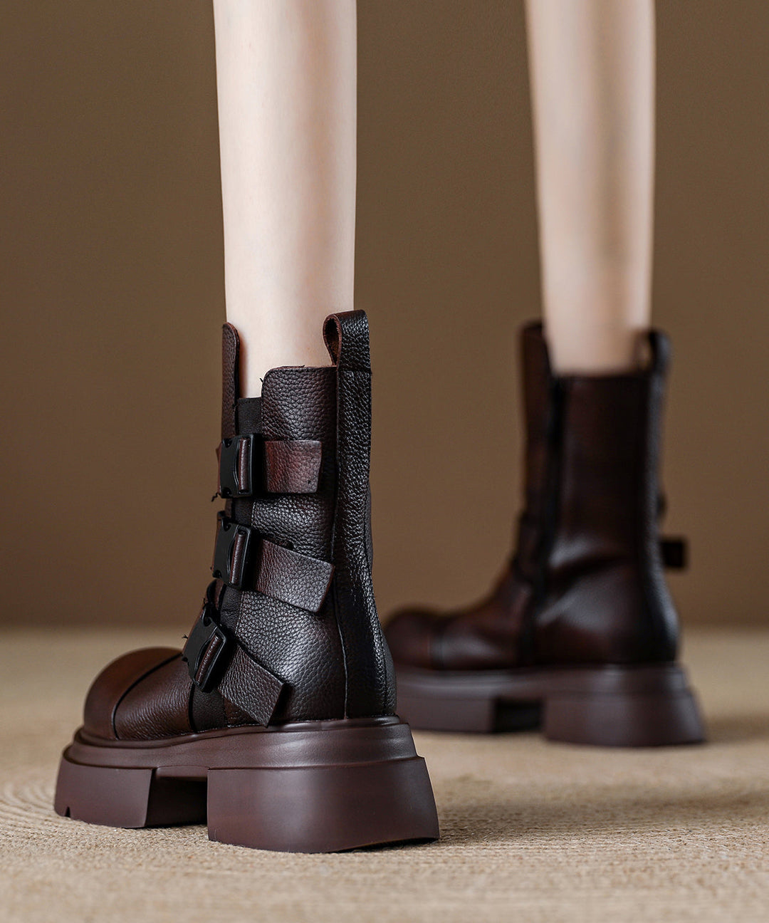 Fashion Chocolate Buckle Strap Splicing Platform Boots