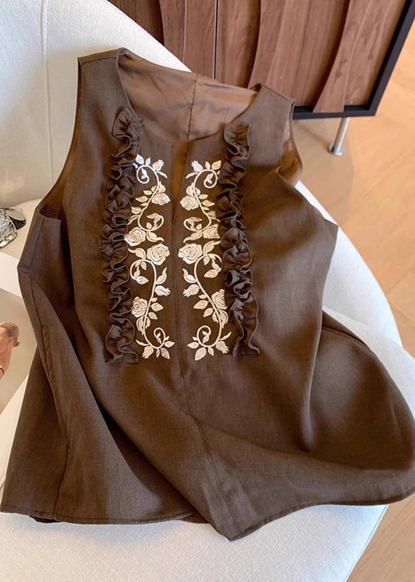 Fashion Chocolate Embroideried Ruffled Linen Vests Summer