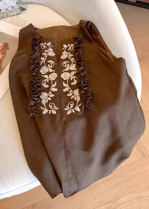 Fashion Chocolate Embroideried Ruffled Linen Vests Summer